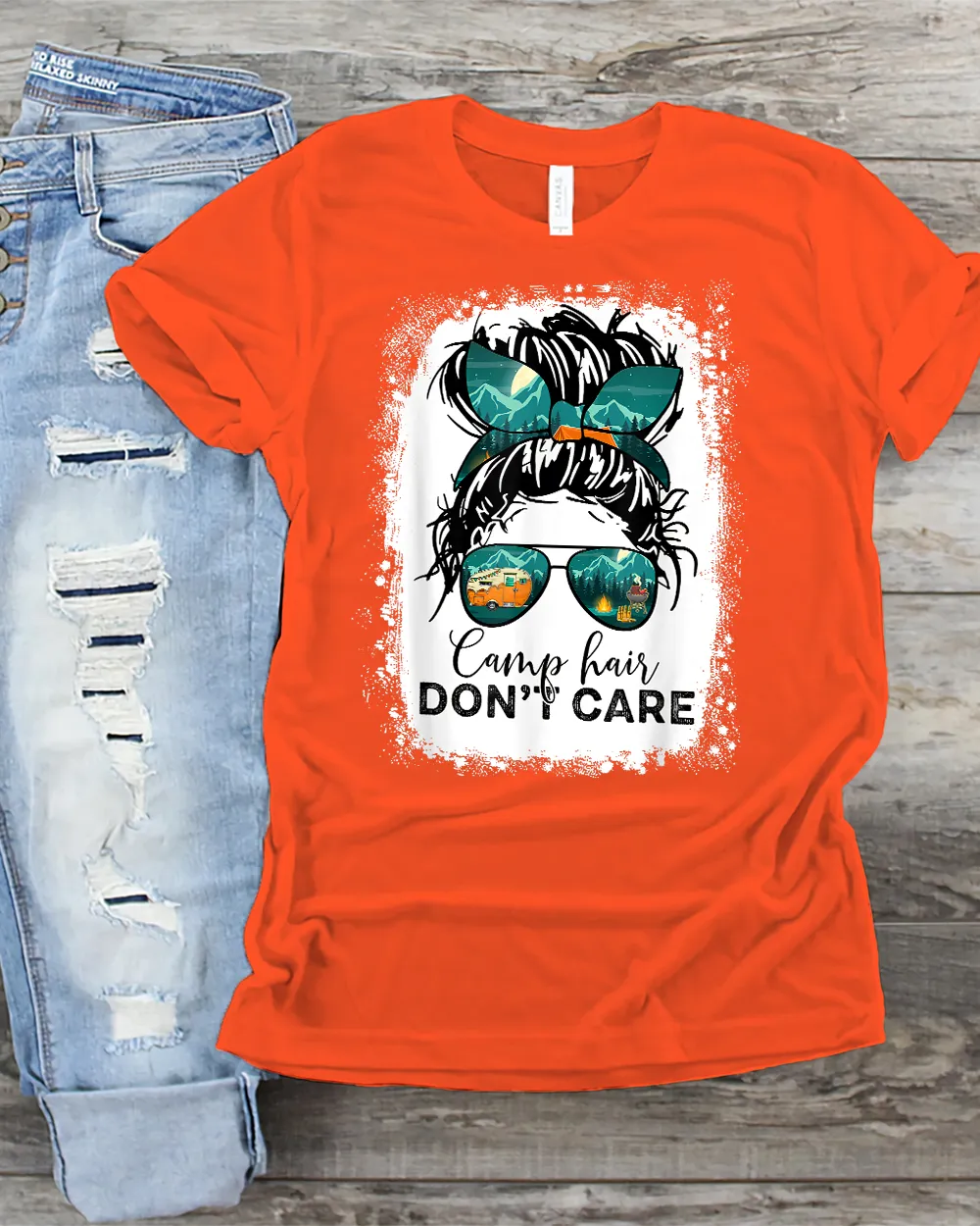 Camp Hair Don't Care Womens Camper Camping Messy Bun Hair Shirt Unisex Standard T-Shirt orange s