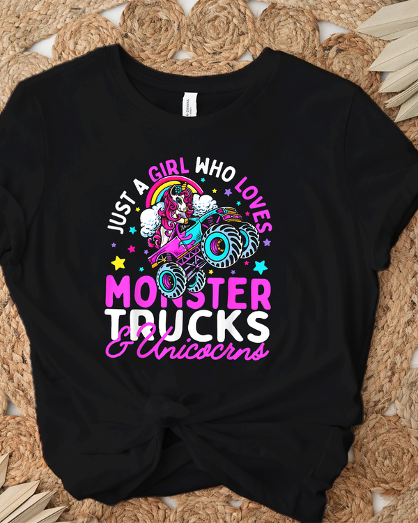 Just a Girl Who Loves Monster Trucks and Unicorns Girls Gift T-Shirt